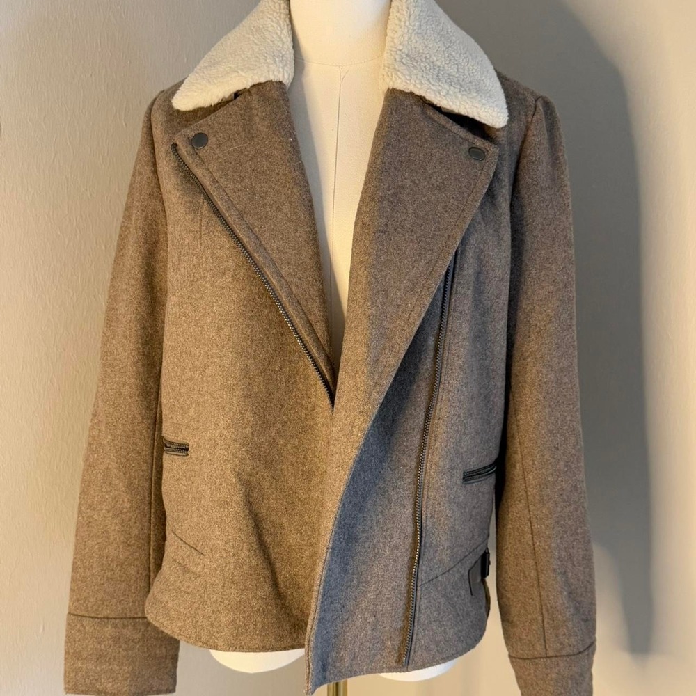 Banana Republic Brown Wool Blend Moto Jacket Faux Fur Collar Small